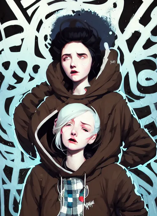 Image similar to highly detailed portrait of a sewer scotish young lady, tartan hoody, white afro hair by atey ghailan, by greg rutkowski, by greg tocchini, by james gilleard, by joe fenton, by kaethe butcher, gradient cyan, brown, blonde cream and white color scheme, grunge aesthetic!!! ( ( graffiti tag wall background ) )