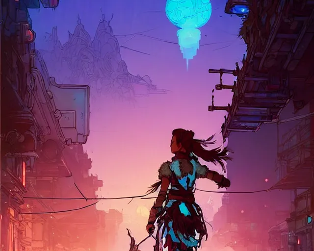 Prompt: Aloy of horizon zero dawn in a street with lamps, road, illustration, wide shot, subtle colors, post grunge, concept art by josan gonzales and wlop, by james jean, Victo ngai, David Rubín, Mike Mignola, Laurie Greasley, highly detailed, sharp focus, Trending on Artstation, HQ, deviantart, art by artgem