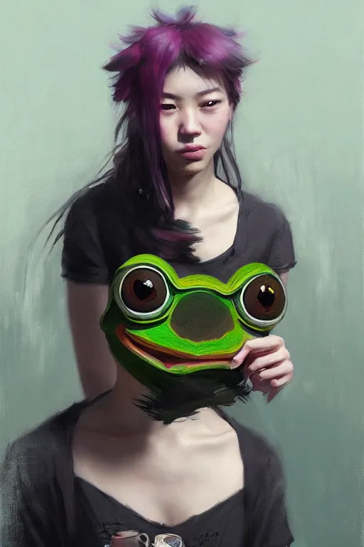 Image similar to portrait of a punk girl on a date with pepe! the frog! drinking coffee in the style of fenghua zhong and ruan jia and jeremy lipking and peter mohrbacher, extremely detailed digital painting, 8 k