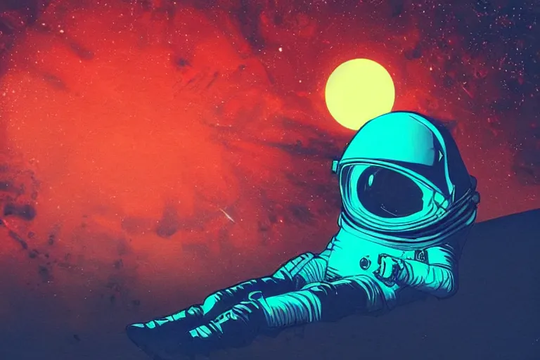 Prompt: an astronaut laying on mars in the style of flooko, acrylic art, detailed, moonlight, red lighting, bokeh, synthwave, psychedelic, glitch, neon,