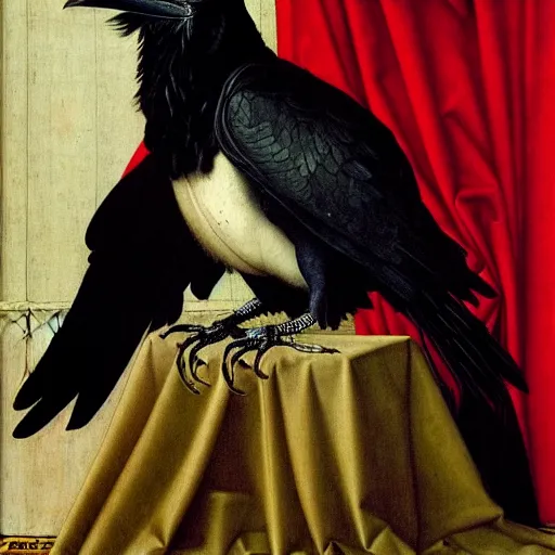 Image similar to a highly detailed portrait of a raven, wearing elegant tudor clothes, inside a room with thick red tapestries, by hans holbein