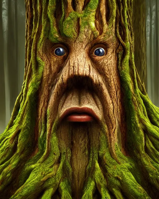 Image similar to a talking oak tree, a face in the bark, nose made of wood, eyes in the bark, fantasy concept art, leaves and moss, digital painting, oil painting, hyperrealistic, beautiful, treebeard, ent, highly detailed, soft lighting, golden sunlight, very detailed eyes, artstation, cgsociety, in the forest, by alan lee, by artgerm