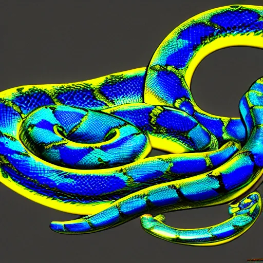 Image similar to shiny blue and yellow python snake, high detail, fantasy art, concept art, 4 k, ultra detail, computer art