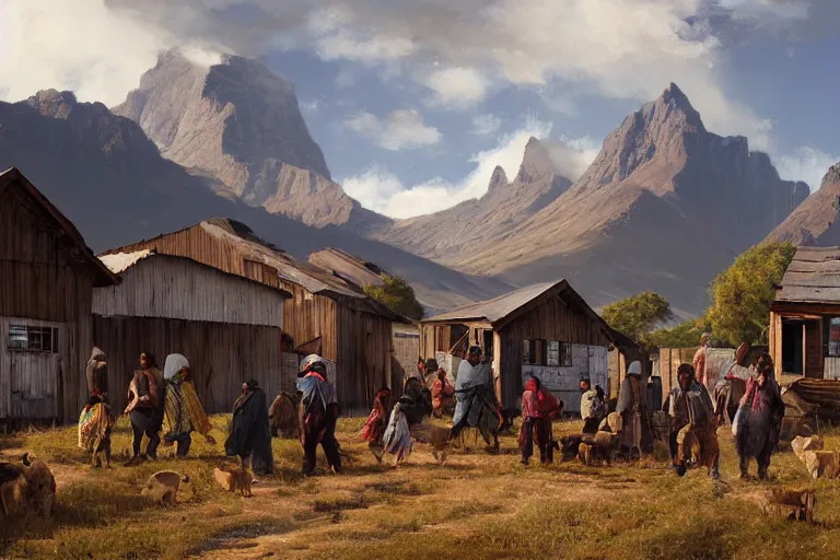 Image similar to a painting of south african immigrants in a rural patagonian village on the coast. comodoro rivadavia, rural and rocky. by greg rutkowski, trending on artstation