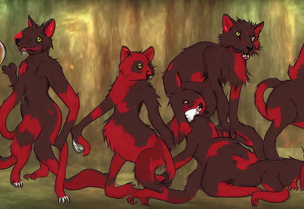 Image similar to furry - red - black - weasel - necromancer - fursona uhd ue 5 visual novel pc game expressions