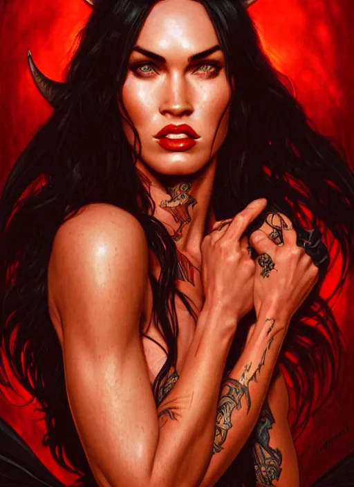 Image similar to portrait of megan fox as demon, devil, red skin, batwings, hell, intricate, headshot, highly detailed, digital painting, artstation, concept art, sharp focus, cinematic lighting, illustration, art by artgerm and greg rutkowski, alphonse mucha, cgsociety