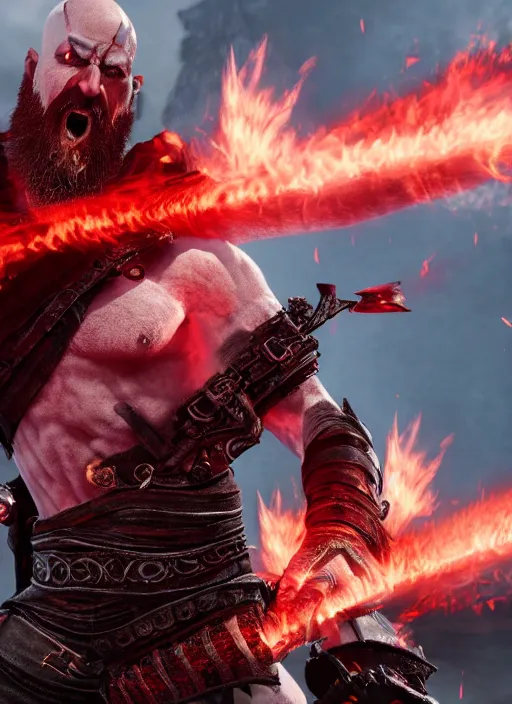Prompt: red facial stripe armored screaming kratos rocking hard on a flaming stratocaster guitar, cinematic render, god of war 2 0 1 8, playstation studios official media, lightning, flames, clear, coherent, guitar