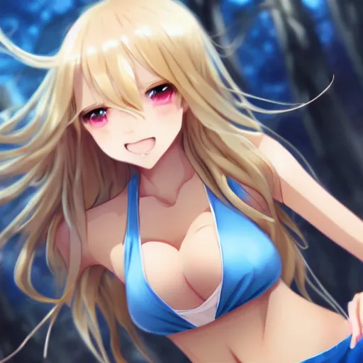 Image similar to a very beautiful young anime basketball girl crying, full body, long wavy blond hair, sky blue eyes, full round face, evil grin, bikini, miniskirt, front view, mid - shot, highly detailed, cinematic wallpaper by stanley artgerm lau