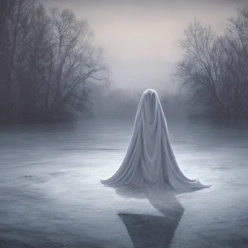 Prompt: ominous bedsheet ghost floating above a frozen lake, oil painting, brush strokes, gloomy foggy atmosphere, symmetrical, full body image, highly ornate intricate details,