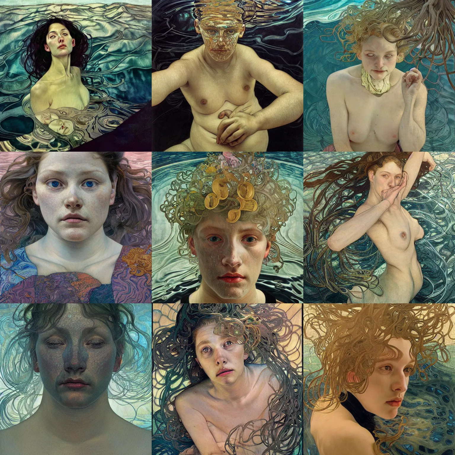 Prompt: hyperrealist portrait underwater dark ocean by lucian freud and victo ngai and alphonse mucha very detailed faces