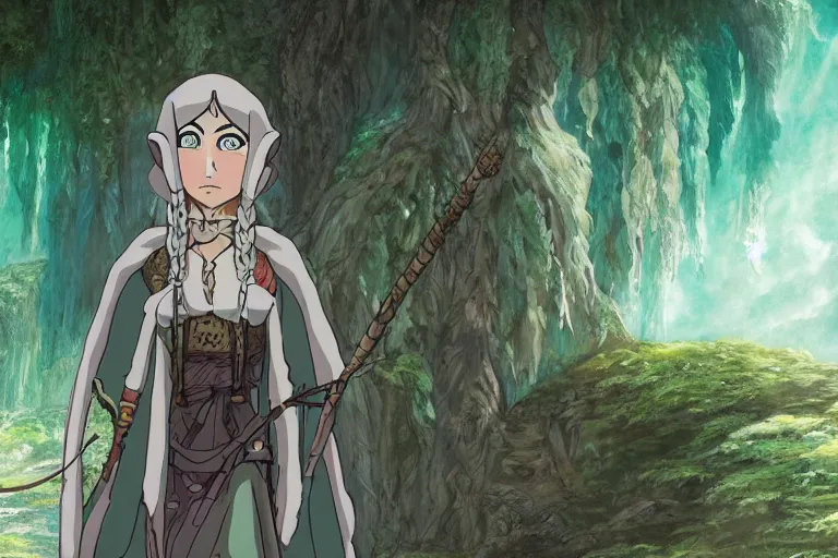 Image similar to tonemapped elven priestess by studio ghibli, highly detailed,