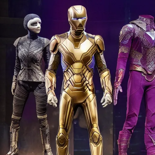 Image similar to costumes by Julie Taymor for Avengers: Infinity War the musical on broadway, production photos