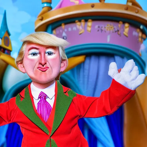 Prompt: a child puppet in the its a small world ride at disneyland that looks like donald trump, highly detailed, high definition, ultra realistic