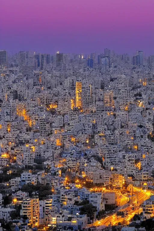 Image similar to landscape of tel aviv, israel mystery at dusk. by moebius