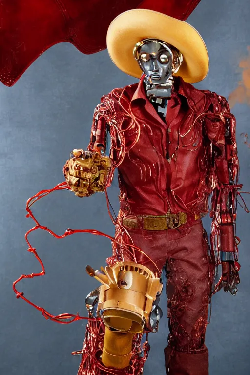 Image similar to metallic humanoid robot wearing a red poncho and a cowboy hat, smoking a cigar, pointing a colt revolver at the viewer, in the style of a spaghetti western movie poster