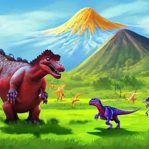 Image similar to cute dinosaurs walking around a field with a volcano in the background, concept art, illustrated, highly detailed, high quality, bright colors, optimistic,