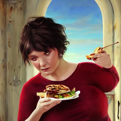 Prompt: portrait of a brunette chubby irish woman with blu eyes eating kebab, light stubble with red shirt inside victorian mansion ,digital art,photorealistoc,art by greg rutkowski,hyperdetailed,western comic style,comic,comic style,sharp lineart,professional lighting,deviantart,artstation,trevor henderson,rossdtaws,cinematic,dramatic