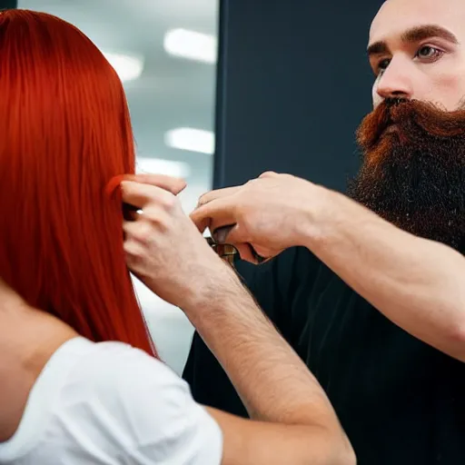 Image similar to photo of a barber man with a dark well groomed beard giving a haircut to a slender attractive woman has long straight red orange hair. The woman is feeding a baby