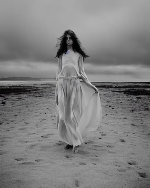 Prompt: a portrait of a beautiful woman walking on a beach on a cloudy overcast day by alessio albi.