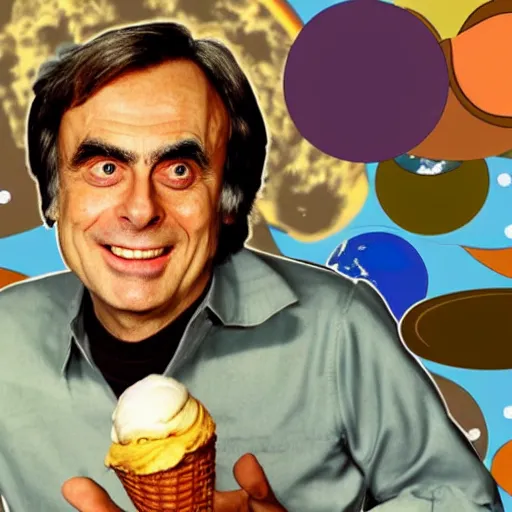 Prompt: Carl Sagan eating an ice cream cone with planets for scoops, realistic photo