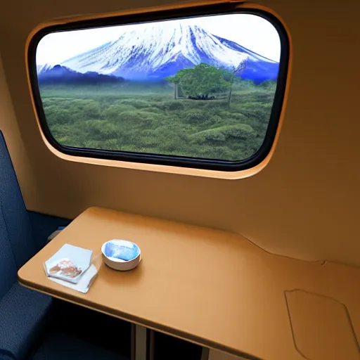 Prompt: hyperrealistc, photographic, highly detailed, foreground shinkansen interior with seat and table at foggy window view of background fujiyama in the distance beyond a small sakura village