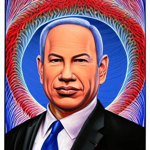 Image similar to portrait of binyamin netanyahu by alex grey, high deatil