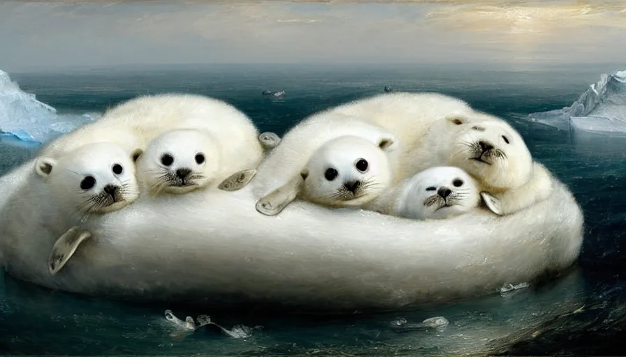 Image similar to highly detailed painting of cute furry white baby seals cuddling into each other on an iceberg by william turner, by greg rutkowski, by william constable, thick brush strokes and visible paint layers, 4 k resolution