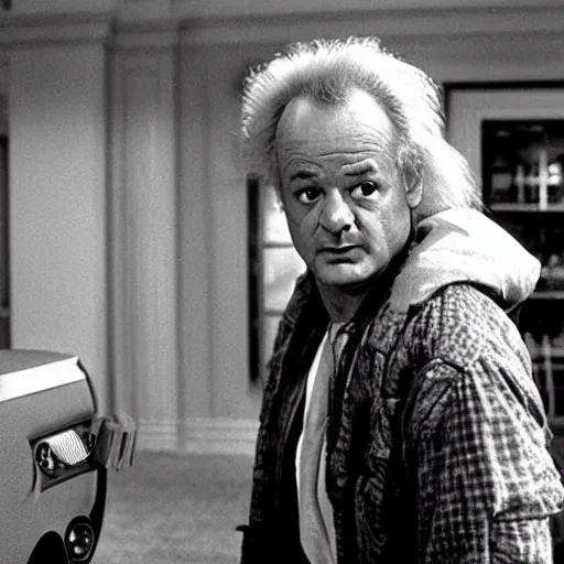 Image similar to bill murray plays doc brown in back to the future, film still, promotional shot