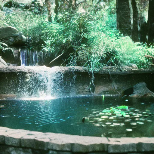 Image similar to the legend of big sir large smooth monster bathing in a small pond with a waterfall, big sur, film still