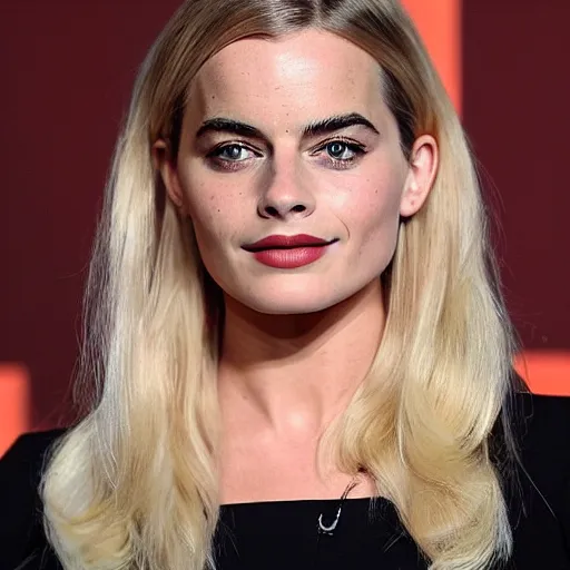 Image similar to a woman who is a genetic combination of margot robbie and emma watson face and upper - body focus