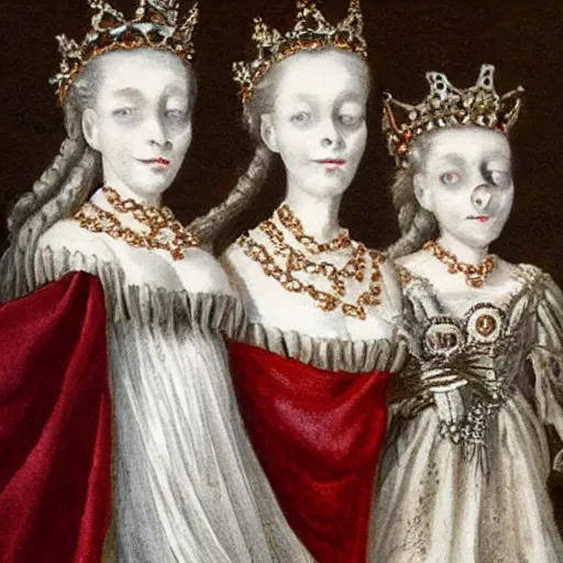 Prompt: a dead French Queen is haunted by two skeleton girls who whisper in her ear, red and white flowers, perfume, baroque, queer