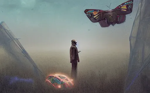 Image similar to Mattepainting of a man in a space ranger unform surrounded large moths, digital illustration by Greg Rutkowski and Zdislav Beksinski