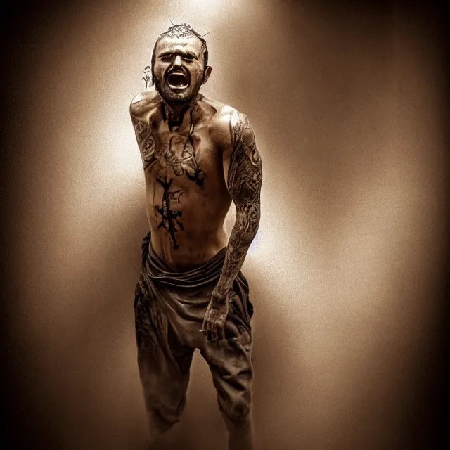 Prompt: photorealistic sepia painting of a single screaming male wearing a grey suit, nabatean aramaic tattoos on his skin, atmospheric lighting, dark, brooding, painted, intricate, ultra detailed, well composed, best on artstation, cgsociety, epic, stunning, gorgeous, intricate detail, much wow, masterpiece, cinematic aesthetic octane render, 8 k hd resolution,