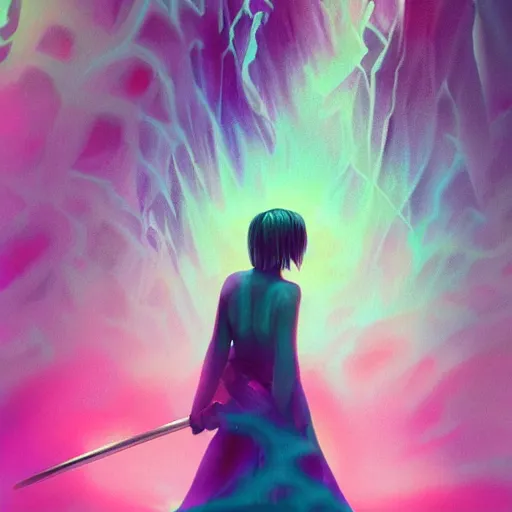 Image similar to Emma Stone with katana swimming in chromatic distortions in misty mysterious astral temple, beautiful, psychedelic, lsd, trending on artstation, omnious, soft, artwork by Tran, Ross