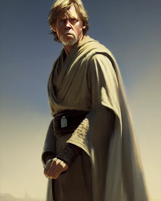 Image similar to luke skywalker, jedi knight. fantasy science fiction art by greg rutkowski, gustave courbet, rosa bonheur, edward hopper. faithfully depicted facial expression, perfect anatomy, realistic eyes, sharp focus, global illumination, radiant light, detailed and intricate environment, trending on artstation