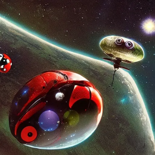 Image similar to film still, future ladybug ( ( descendants ) ), ladybug quadruped with big rgb eyes, huge ladybug mothership, epic cosmos, dramatic lighting, ( e. t. the extra - terrestrial ) imax, 7 0 mm.