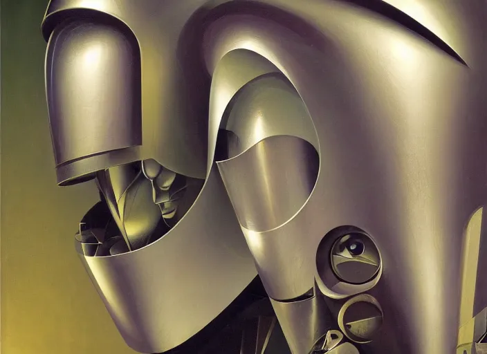 Image similar to asymmetrical portrait headshot of sci fi metallic human, bright eyes, melancholic complex geometric figure liminal biomechanical by oskar schlemmer, moebius, john berkey, film grain, oil on canvas, portrait facial head, featured on artstation, hd wallpaper, 8 k, bright colors, global radiant light