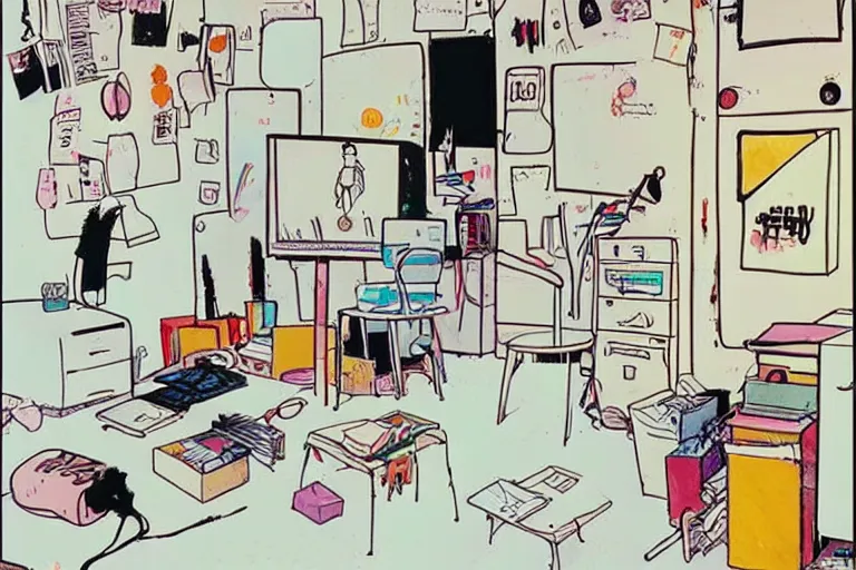 Image similar to messy office, style of studio ghibli + moebius + basquiat, cute, clean lines