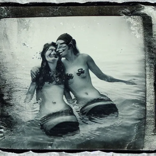 Prompt: tintype photo, underwater, mermaids swimming