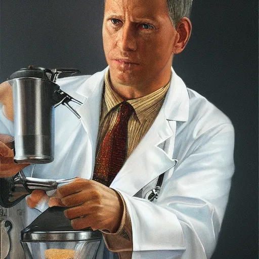 Prompt: portrait of an male doctor making coffee, digital painting, artstation, concept art, donato giancola, Joseph Christian Leyendecker, WLOP, Boris Vallejo, Breathtaking, 8k resolution, extremely detailed, beautiful, establishing shot, artistic, hyperrealistic, octane render, cinematic lighting, dramatic lighting, masterpiece, light brazen, extremely detailed and beautiful face