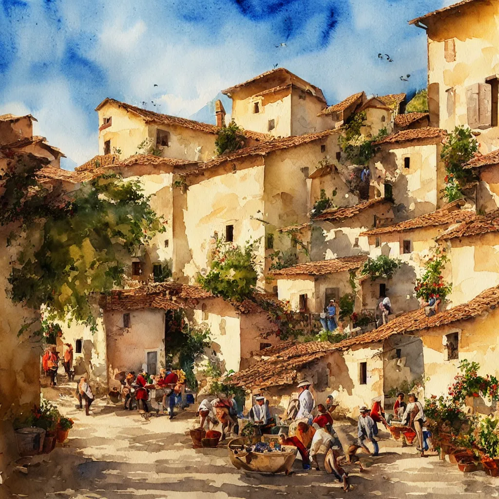 Prompt: beautiful watercolor painting by joseph zbukvic and alvaro castagnet, depicting a wine harvesting on a sunny day in a little italian village, vibrant colors