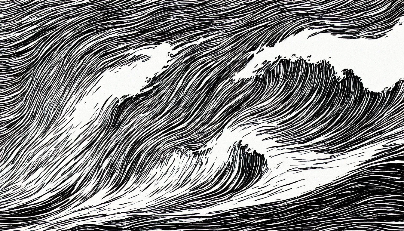 Image similar to ocean wave drawing by Moebius, minimalist, detailed, black and white drawing