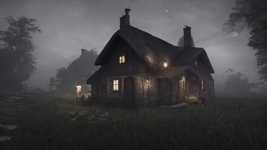 Prompt: A dark shadowy cottage at night, hyperrealistic, Cryengine 8k UHD