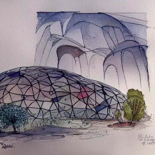 Prompt: a beautiful watercolor and ink sketch of biomorphic architecture