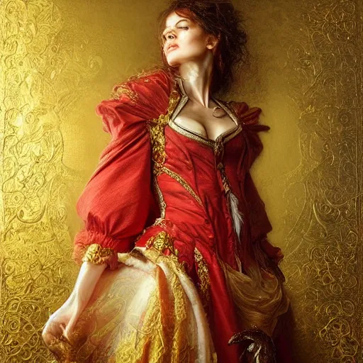 Image similar to portrait of a red sorcerer, sharp focus, baroque, rococo, highly detailed, intricate, white, regal clothing, gold ethereal light, by livia prima