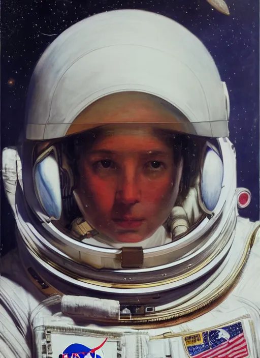 Image similar to Beautiful NASA astronaut in space, portrait by john william waterhouse and Edwin Longsden Long and Theodore Ralli, oil on canvas. Cinematic, hyper realism, realistic proportions, dramatic lighting, high detail 4k