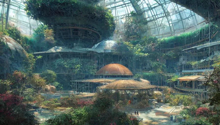 Image similar to craig mullins and ghibli digital illustration of the interior of the largest biodome in the world, colorful, unreal engine, hyper realism, realistic shading, cinematic composition, realistic render, octane render, detailed textures, photorealistic, wide shot,