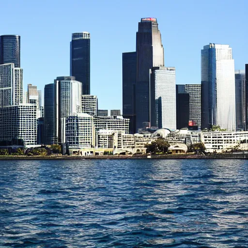 Prompt: Los Angeles bank tower, viewed from Sydney harbour