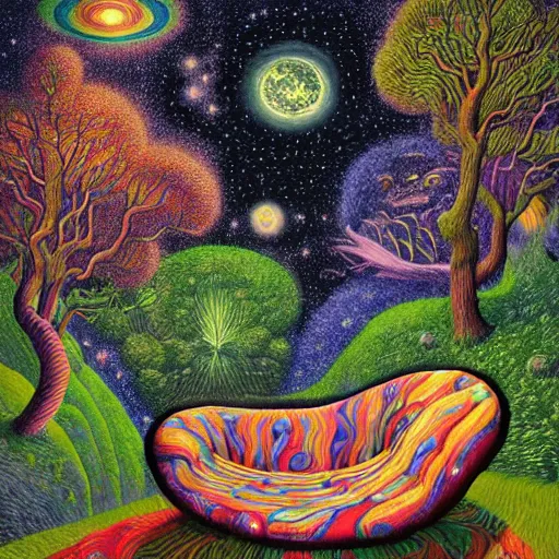 Image similar to psychedelic couch sofa in the lush forest, milky way, designed by moebius, rob gonsalves, gustav dore, giuseppe arcimboldo and carl barks, louis wain, trending on artstation, mediterranean, star, sharp focus, colorful refracted sparkles and lines, soft light, 8 k 4 k