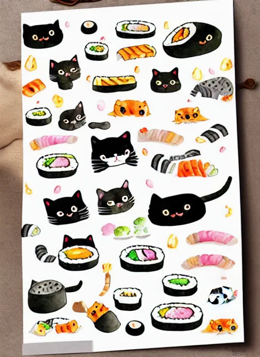 Image similar to cute cats and sushi watercolour illustrations sheet
